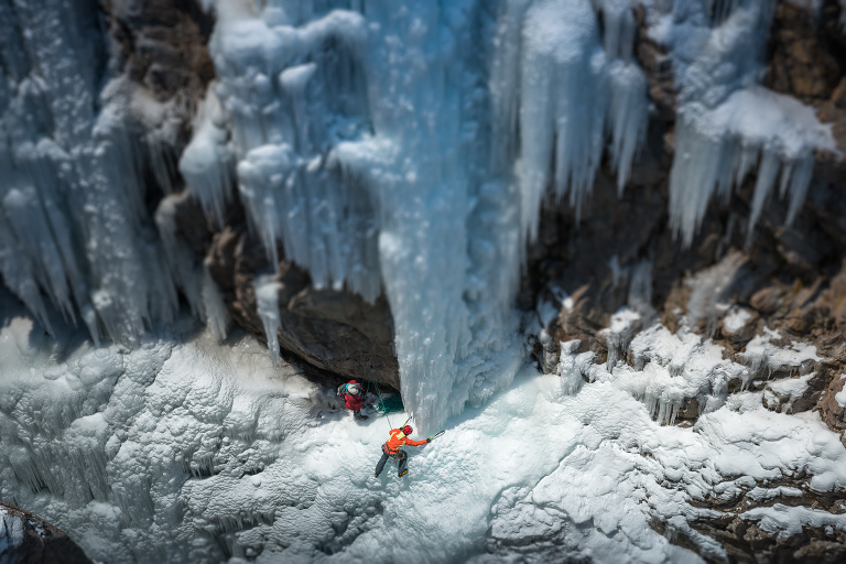 Dawn Glanc climbing a WI 5 pillar in the Ouray Ice Park in Ouray, Colorado.