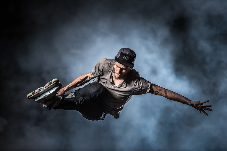 Maxime Genoud in-line skating in an indoor skate park in Lausanne, Switzerland.